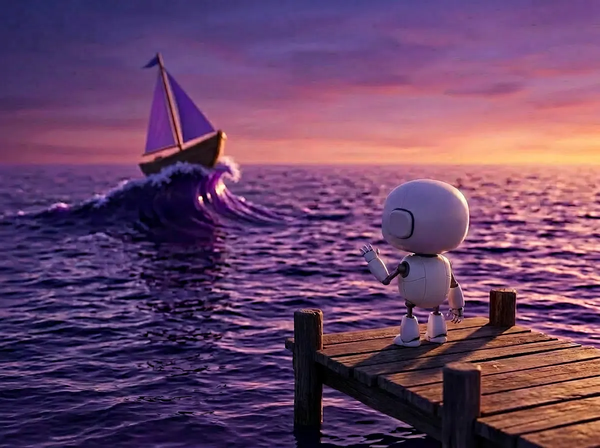 Small robot on a dock at dusk waving goodbye to a departing sailboat